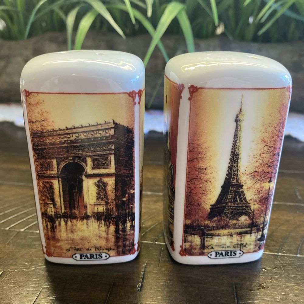 Pair Of Ceramic Salt And Pepper Shakers With Scenes Of Paris